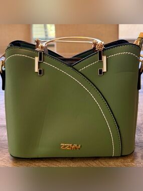 ZZMY Olive Green Top-Handle Tote with Gold Accents